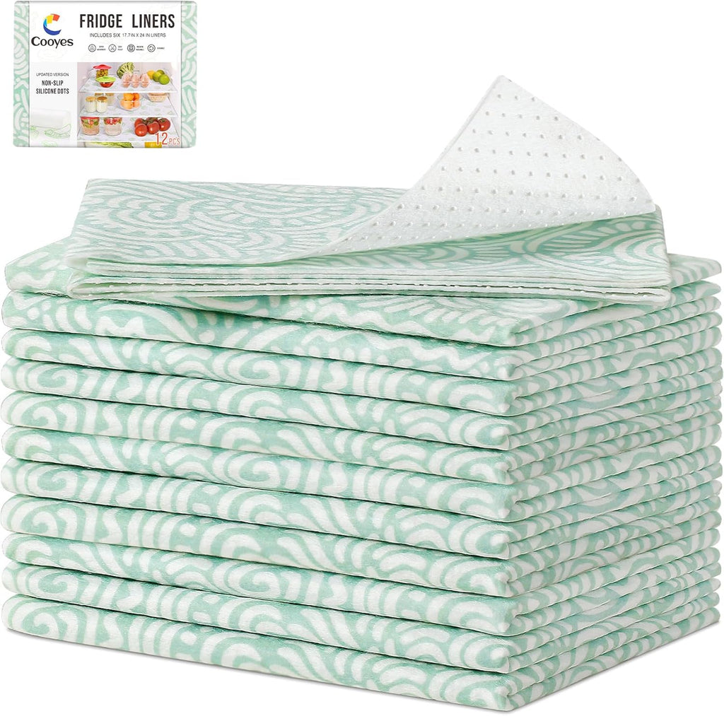 Cooyes 12 Pack Fridge Bin Liners, 12“ × 24” Refrigerator Mats with Non-Slip Particles, Drawer