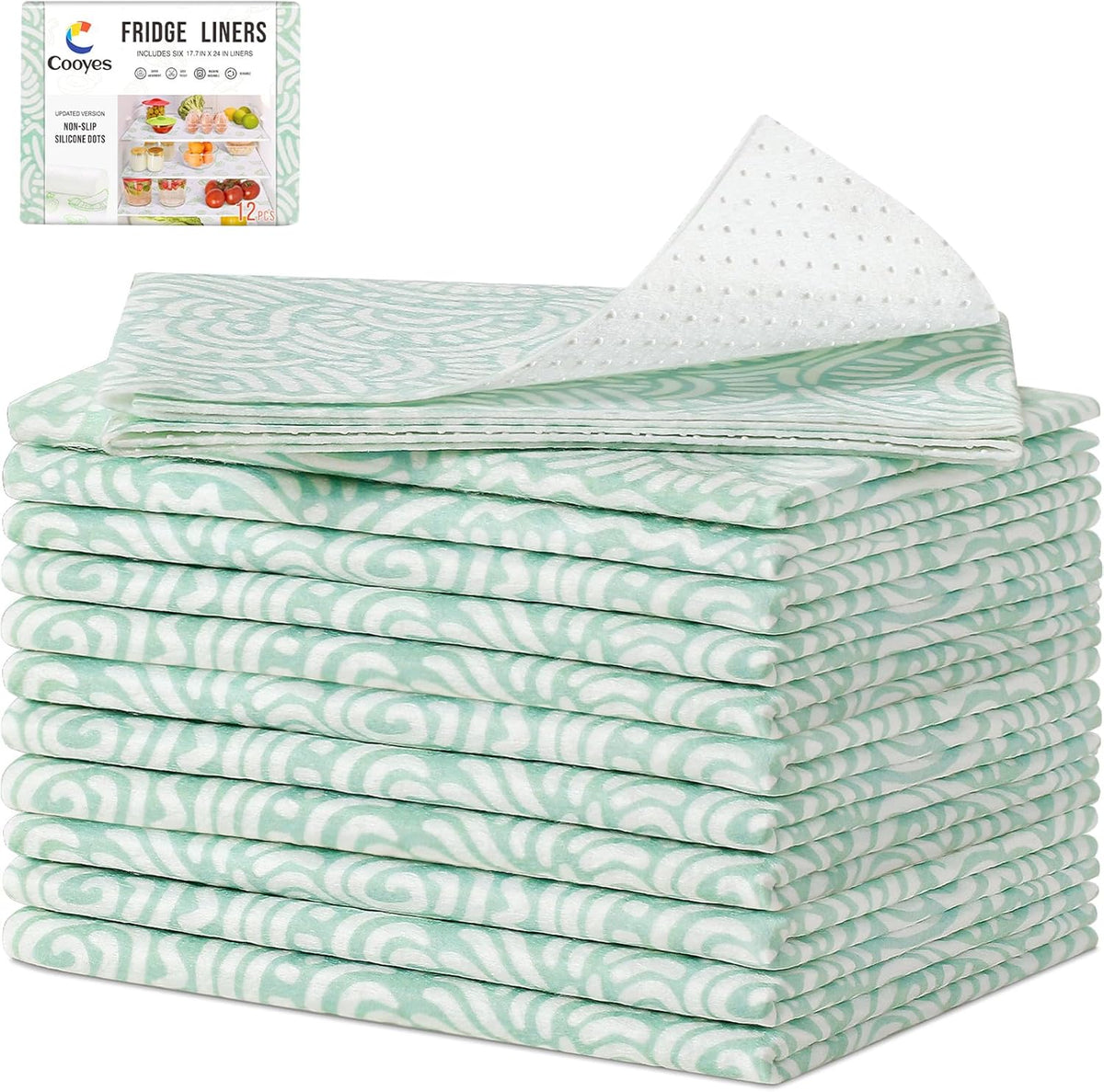 Cooyes 12 Pack Fridge Bin Liners, 12“ × 24” Refrigerator Mats with Non-Slip Particles, Drawer