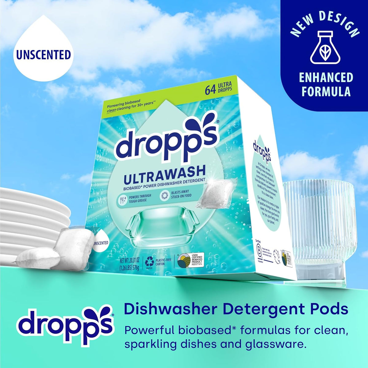 Dropps UltraWash Dishwasher Pods, Unscented (64 Count) - Biobased Power Deep Clean Dishwasher