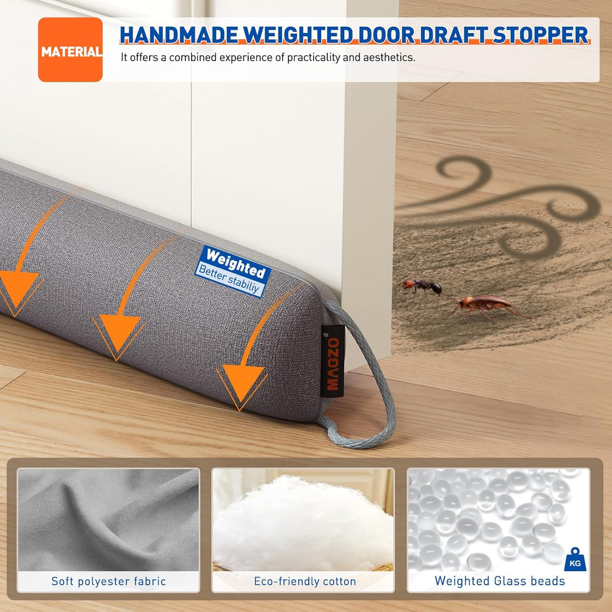 MAGZO Door Draft Stopper, 34 Inch Under Door Draft Blocker Noise Stopper, Weighted Wind Blocker