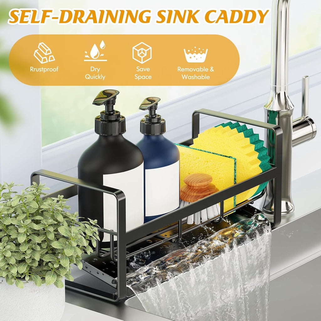 Sponge Holder for Kitchen Sink,Stainless Steel Kitchen Sink Organizer with Auto Draining
