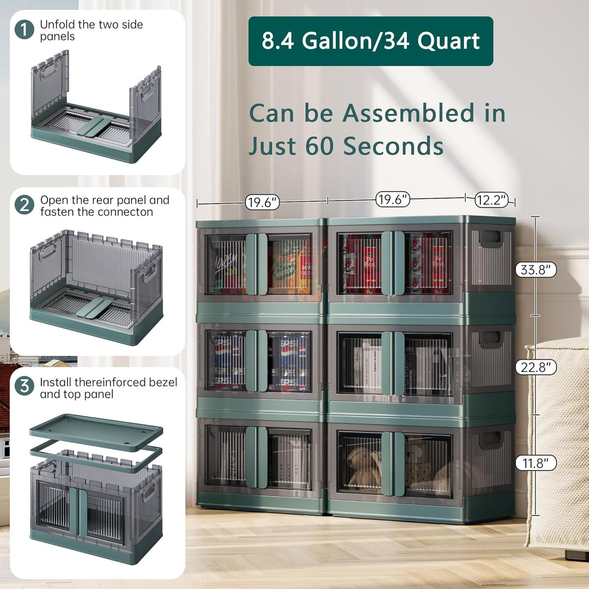 8.4Gal Collapsible Storage Bins with Lids & Wheels - 6 Pack Stackable with Doors, Heavy-Duty