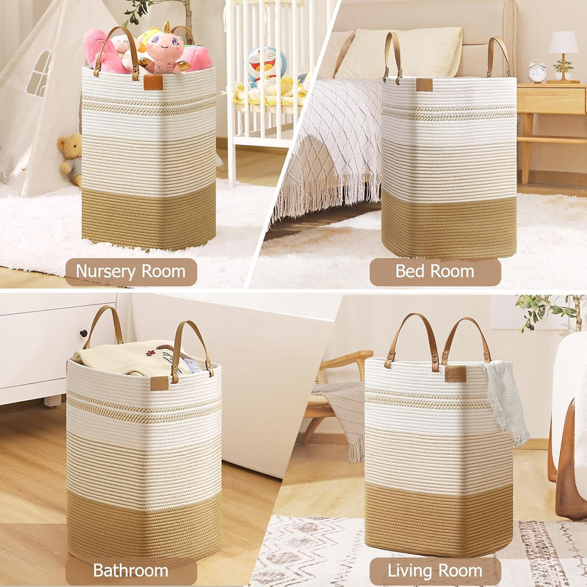 danpinera Large Laundry Hamper – 75L Tall Woven Cotton Storage Basket with Leather Handles, Slim