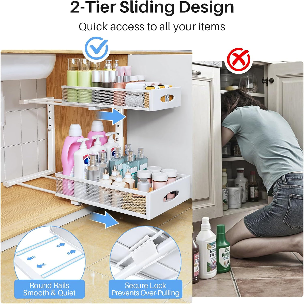 Under Sink Organizer, 2 Tier Pull Out Under Cabinet Organizer Shelf with Pad for Framed Cabinets