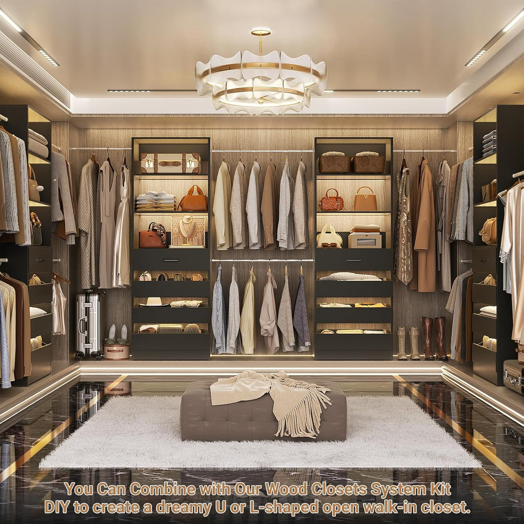 Aheaplus Closet System, 6-15Ft Closet Organizer with 8 Wooden Drawers, Wood Closet Organizer System