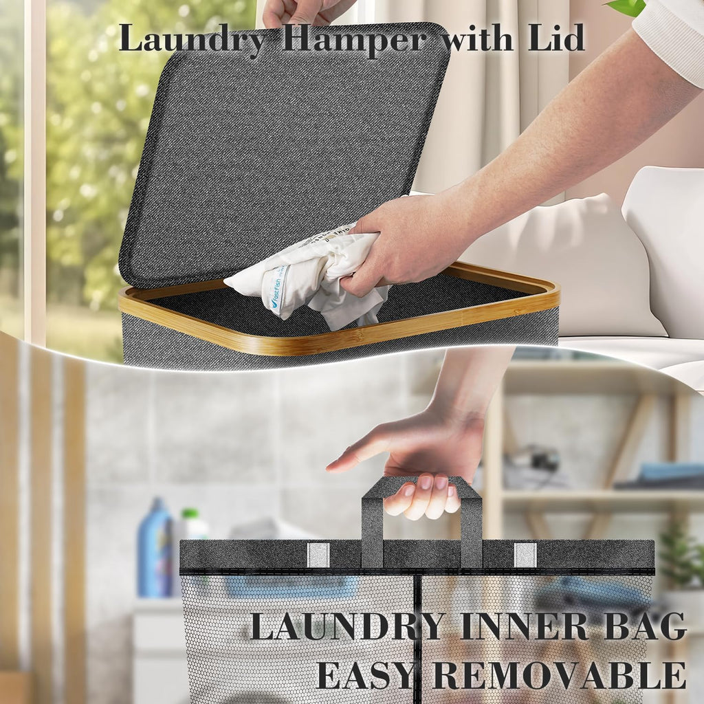 Laundry Hamper with Wheels,20 Gal (75L) Laundry Basket with lid Rolling Clothes Hamper Foldable