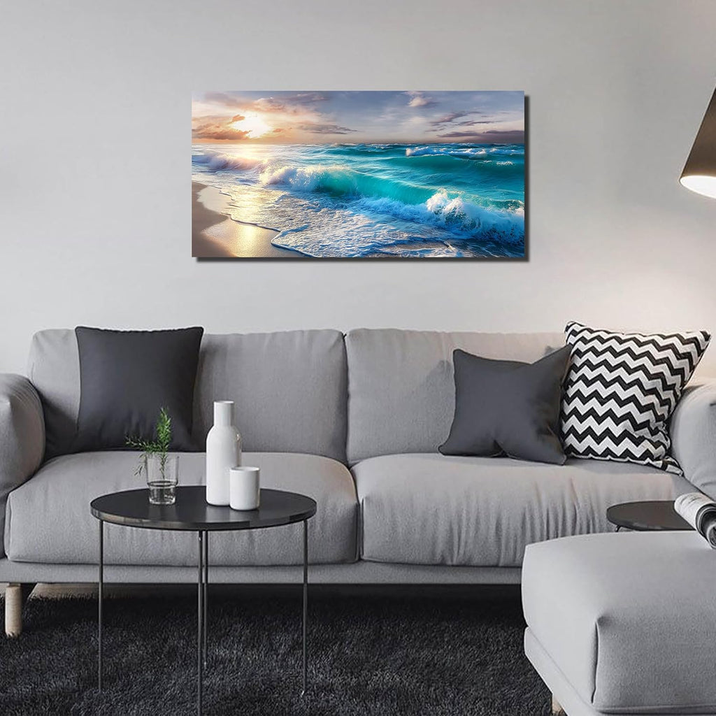 GUGIKA Ocean Wall Art for Living Room, Blue Wave and Large Coastal Beach Canvas Wall-Decor for
