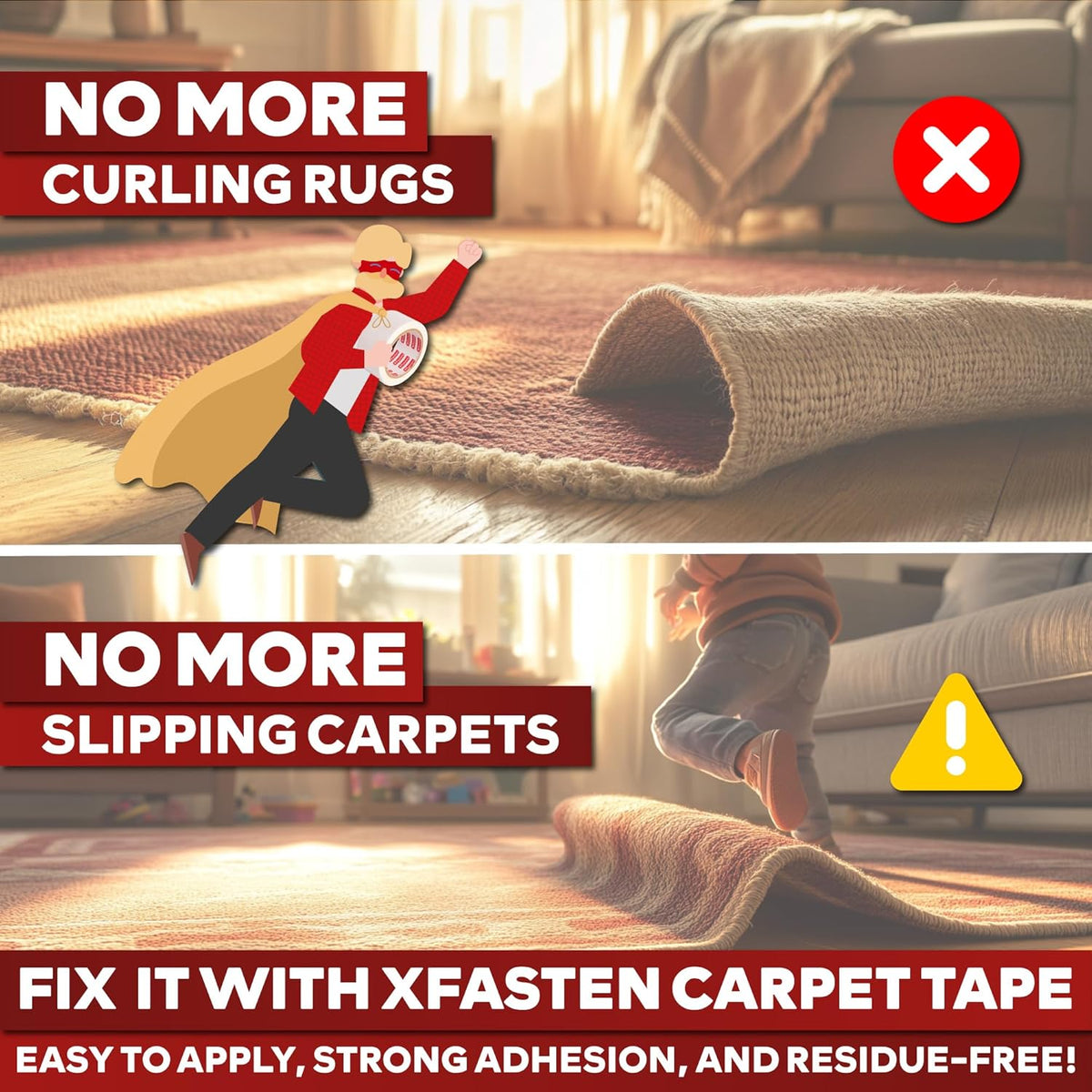 XFasten Double Sided Carpet Tape for Area Rugs, 2 Inch x 30 Yards (6-Pack) – Heavy Duty Anti Slip