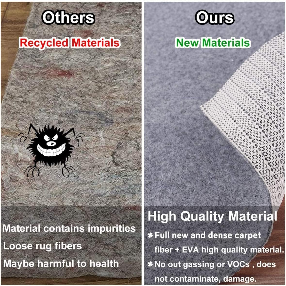Non Slip Rug Pad Grippers - 6x9, 1/8" Thick, (Felt + Rubber) Double Layers Area Carpet Mat Tap