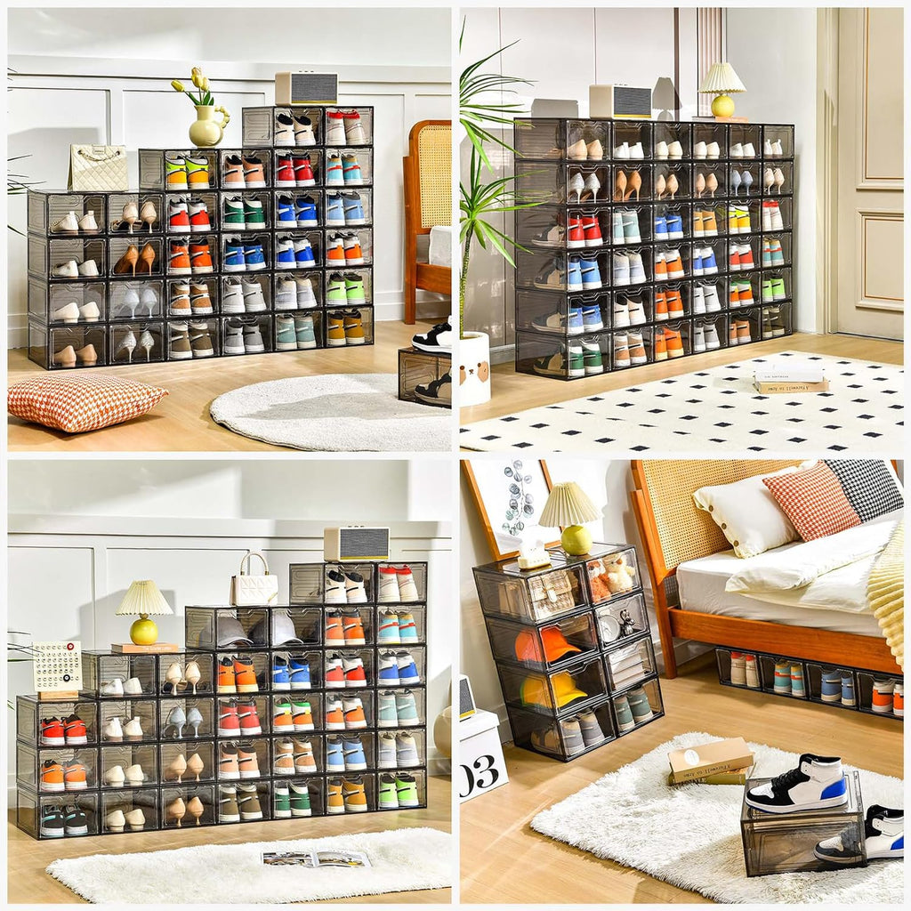 12 Pack Shoe Boxes Shoes Organizer, Shoe Storage Organizer Boxes with Magnetic Door, Clear Shoe