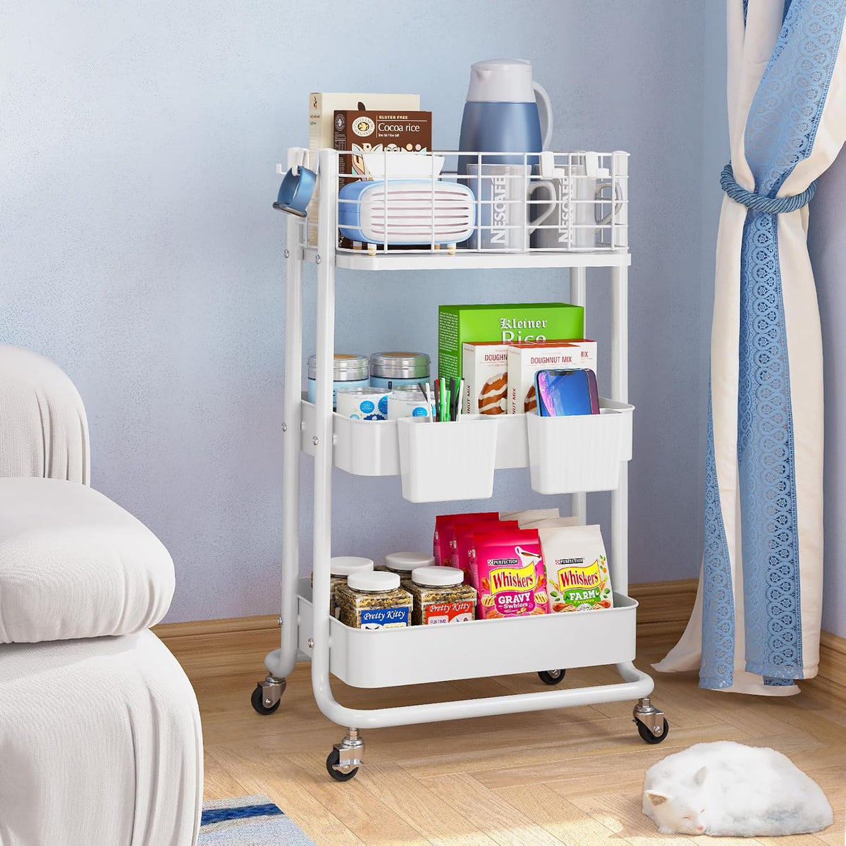 KINGRACK 3 Tier Rolling Cart, Metal Mobile Storage Shelf with Lockable Wheels, Prevent Falling