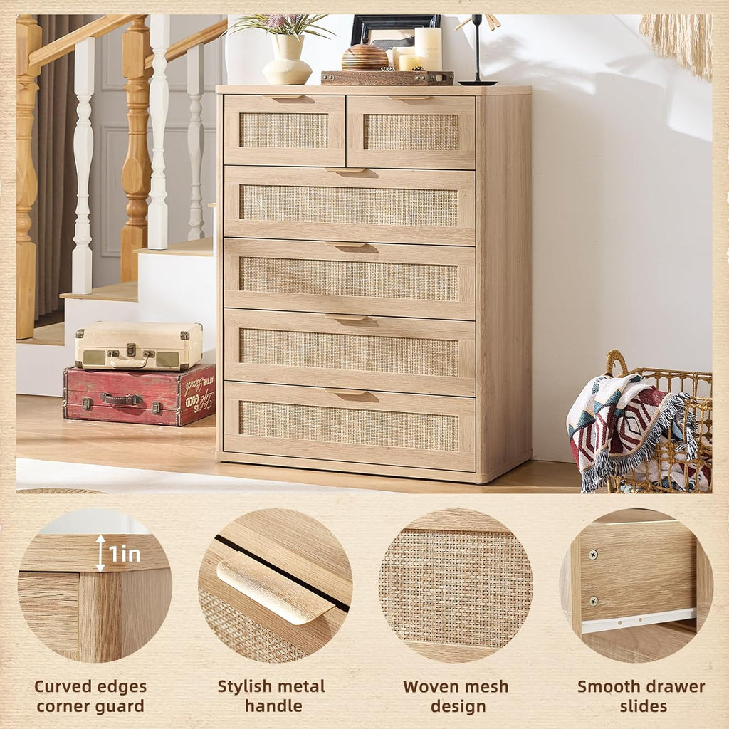 LEYAOYAO Rattan Dresser for Bedroom, 42" Tall Chest of Drawers, Modern 6 Drawers Boho Dressers with