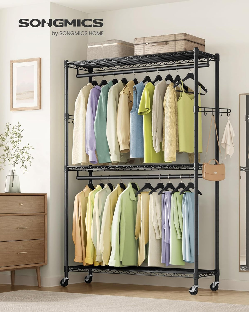 SONGMICS Heavy-Duty Rolling Clothes Rack, Garment Rack, Portable Closet, 43.3-Inch Wide Clothing