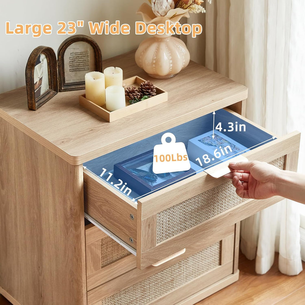 LEYAOYAO Rattan Night Stand with Drawers, 23" Large 3 Drawer Boho Nightstand, Natural Wood Bedside