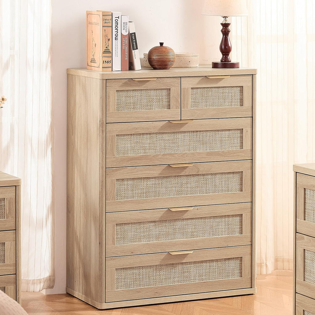 LEYAOYAO Rattan Dresser for Bedroom Set of 2, 42" Tall Chest of Drawers, Modern 6 Drawers Boho