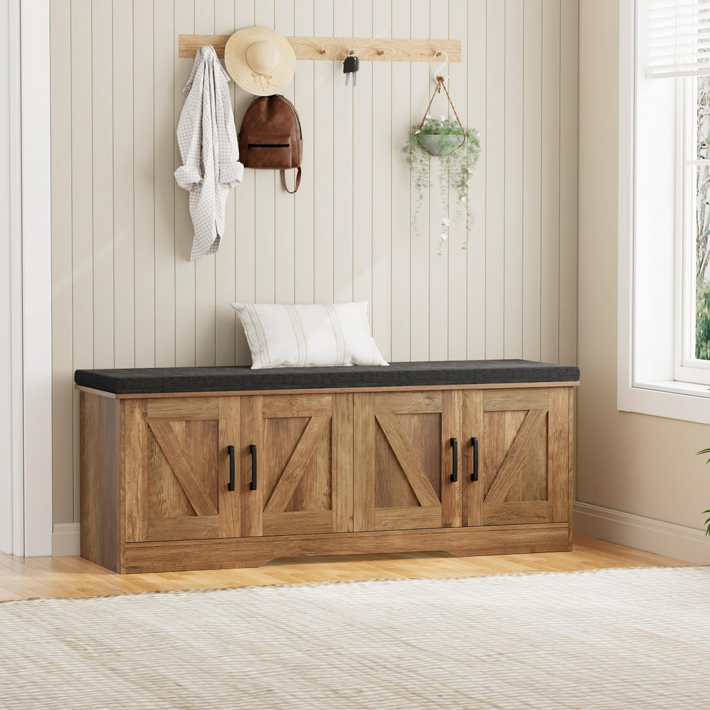 HOMSHO Farmhouse Shoe Storage Bench with 4 Barn Doors & Padded Seat Cushion