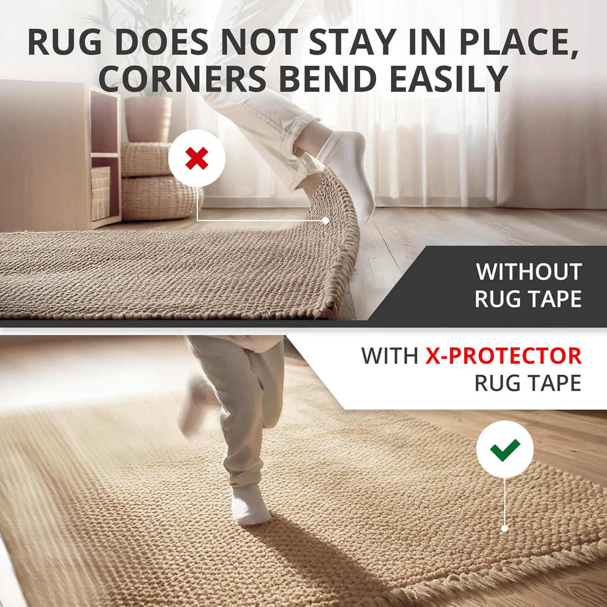 X-Protector Rug Tape - 16 Pcs Set - White Anti-Slip & Anti-Curling Carpet Tape for Hard Floors