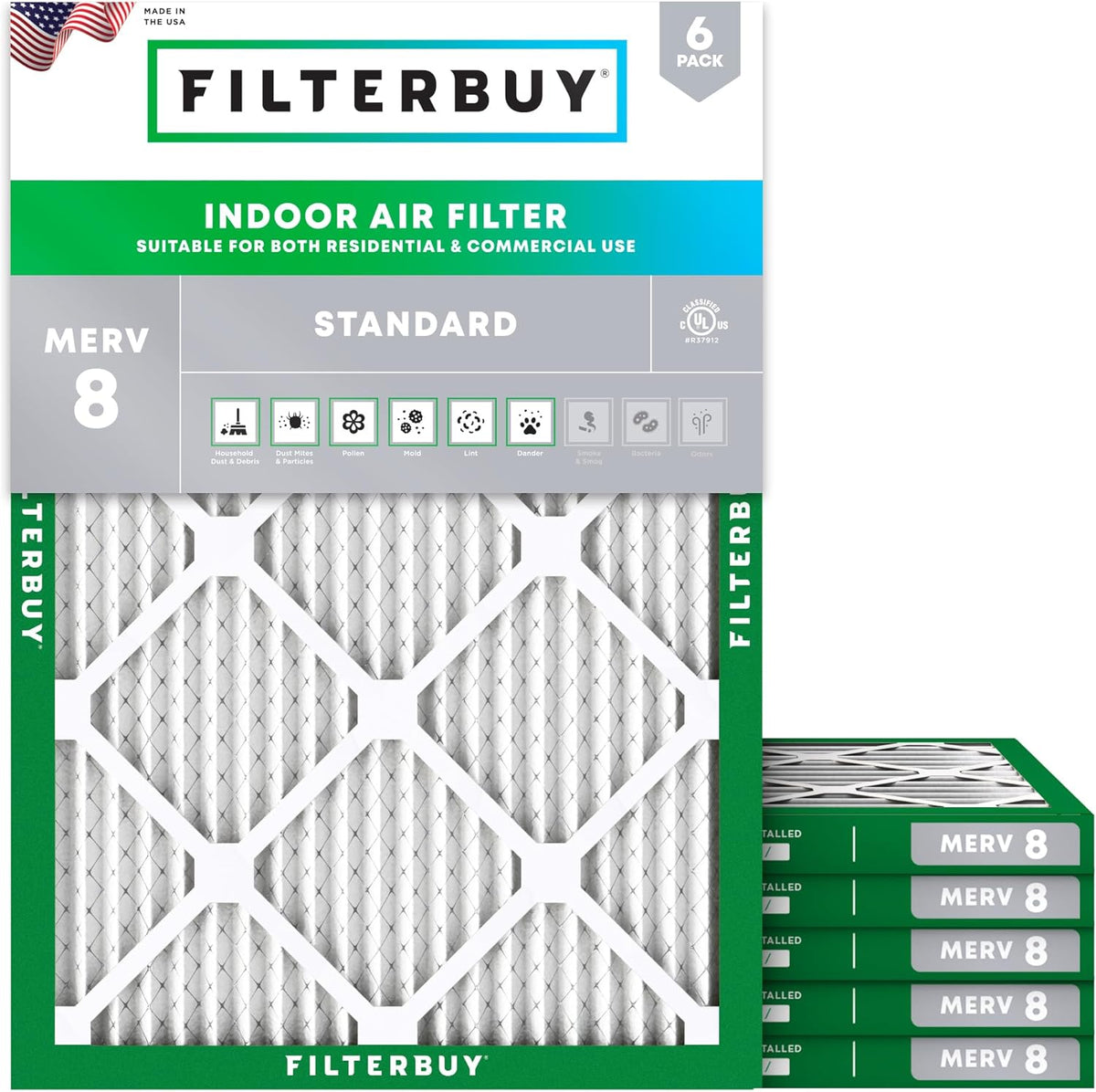 Filterbuy 8x14x1 Air Filter MERV 8 (MPR 700) Dust Defense Replacement (6-Pack), Electrostatic