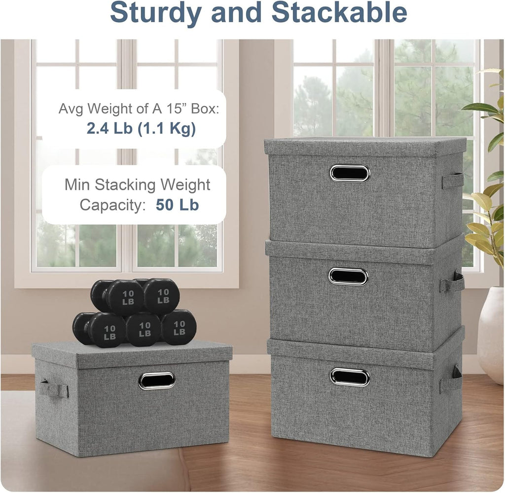 Medium 15" 21 Quart Collapsible Stackable Storage Bins with Lids, 1 Pack Gray Foldable Fabric