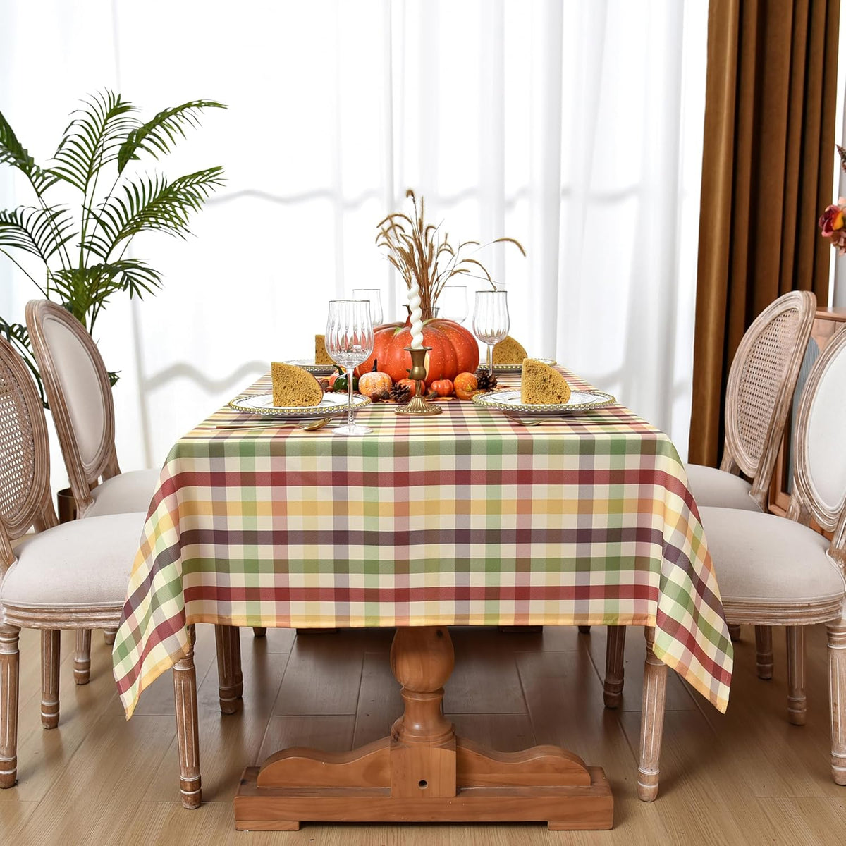 Waterproof Gingham Festive Tablecloth Fabric - Oblong 52x70 Inch Classic Buffalo Tartan Holiday