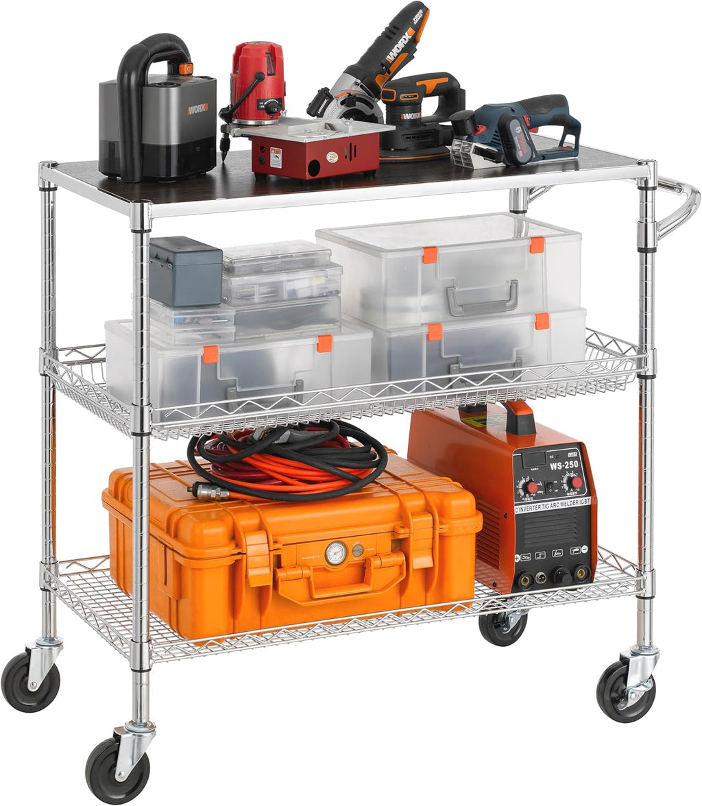 Finnhomy 3 Tier Heavy Duty Commercial Grade Utility Cart with Wood Top, Wire Rolling Cart with