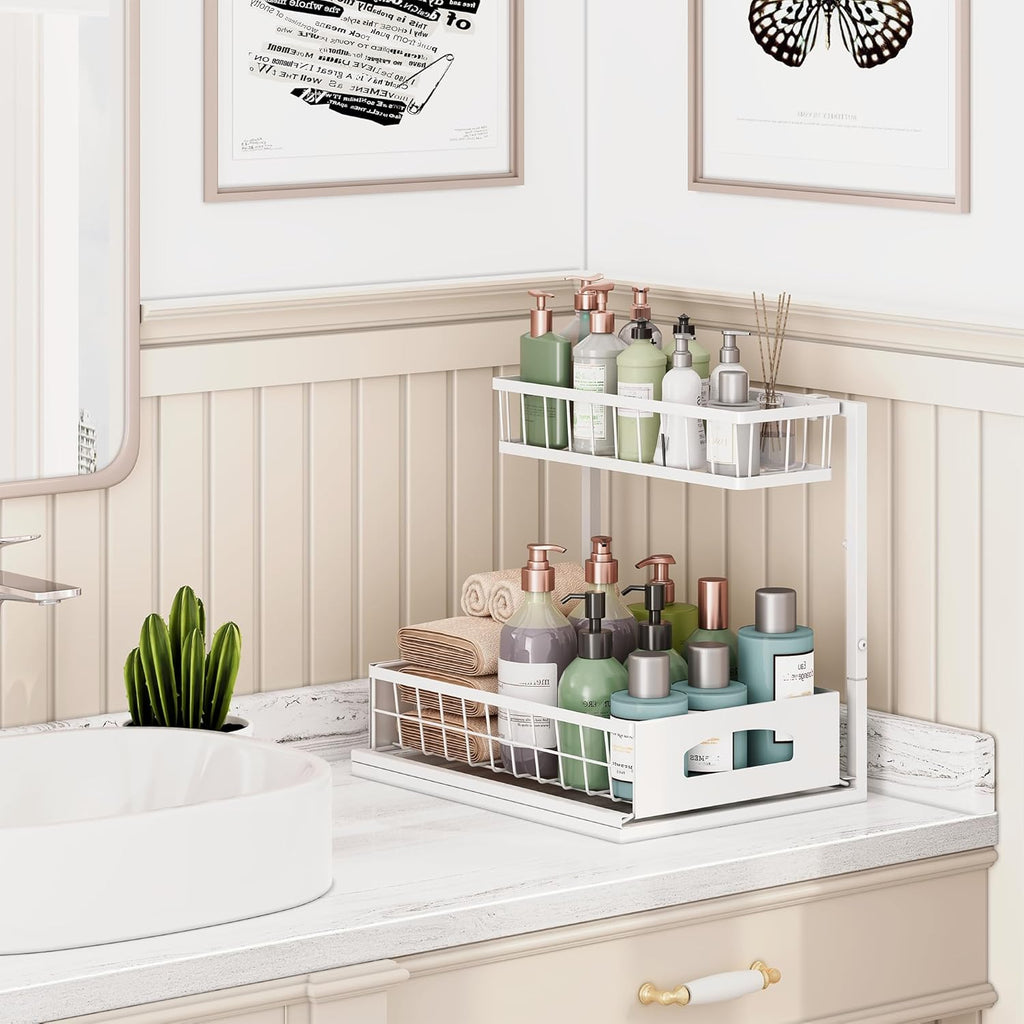 Under Sink Organizer, 2 Pack Height Adjustable Cabinet Organizer with Slide Out Drawer, Pull Out