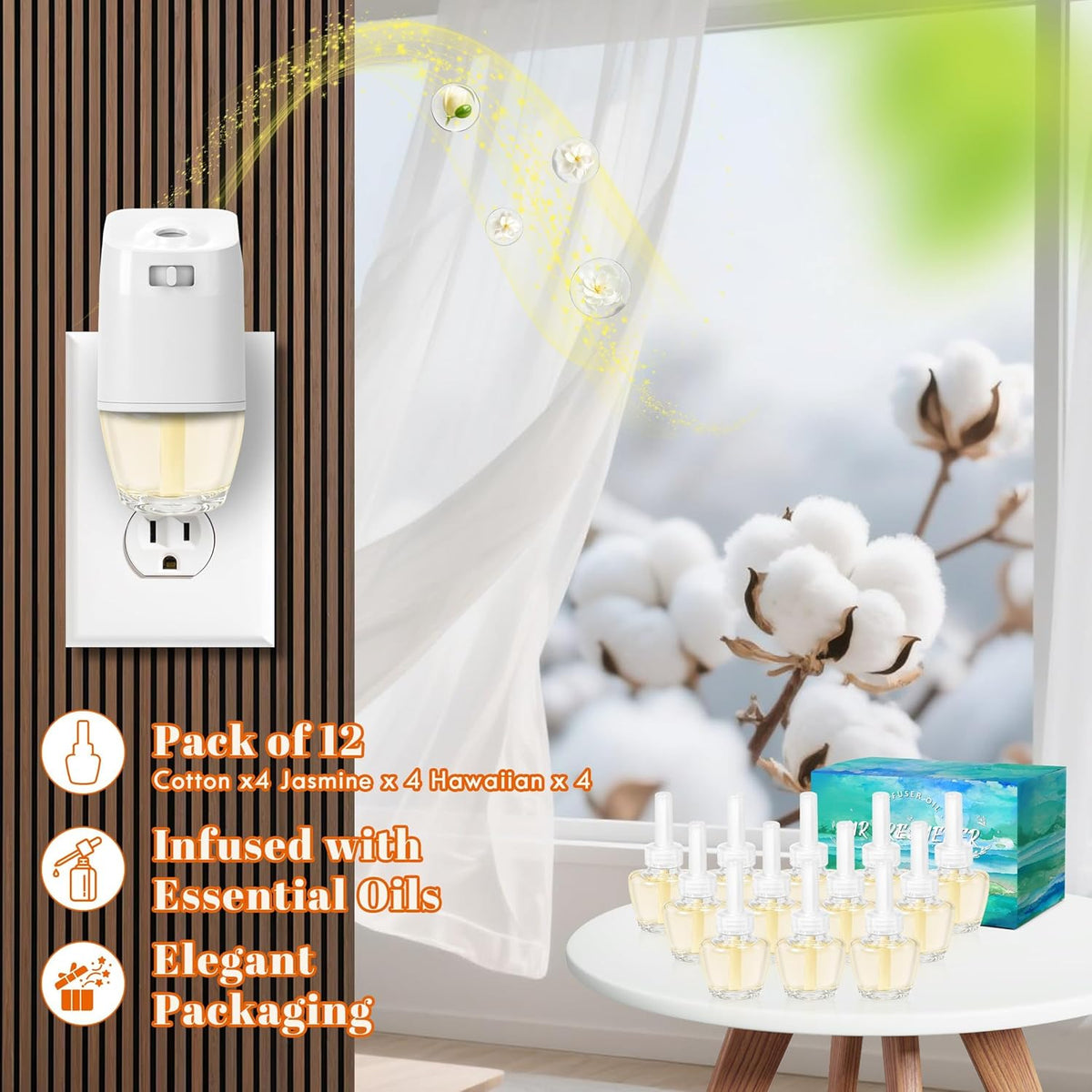 Plug in Air Fresheners Refills, Essential Oil Scented Refill with 2 Warmer, Jasmine, Hawaiian