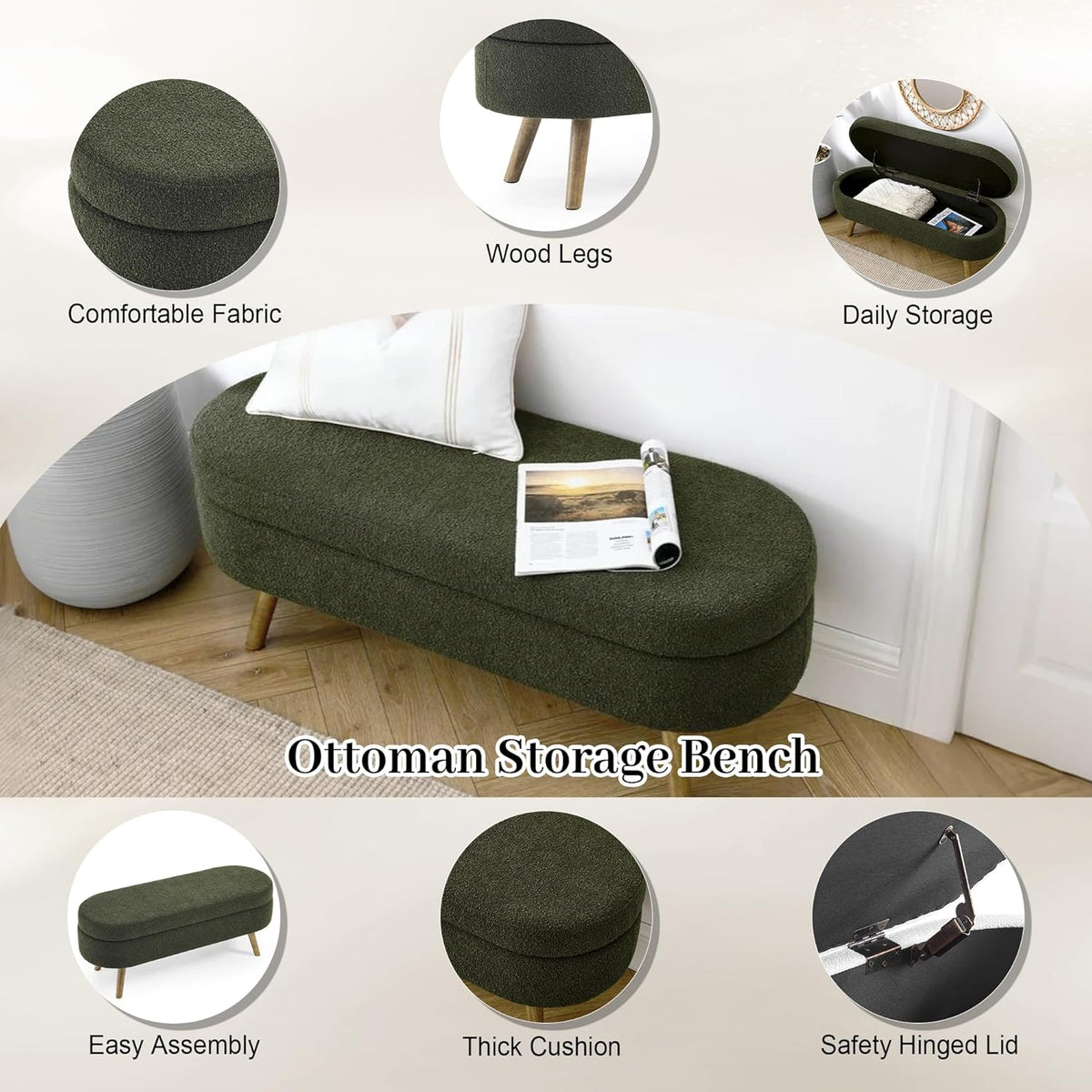 Storage Bench, 43" Storage Ottoman Bench, Shoe Storages Benches for Bedroom, Upholstered Entryway