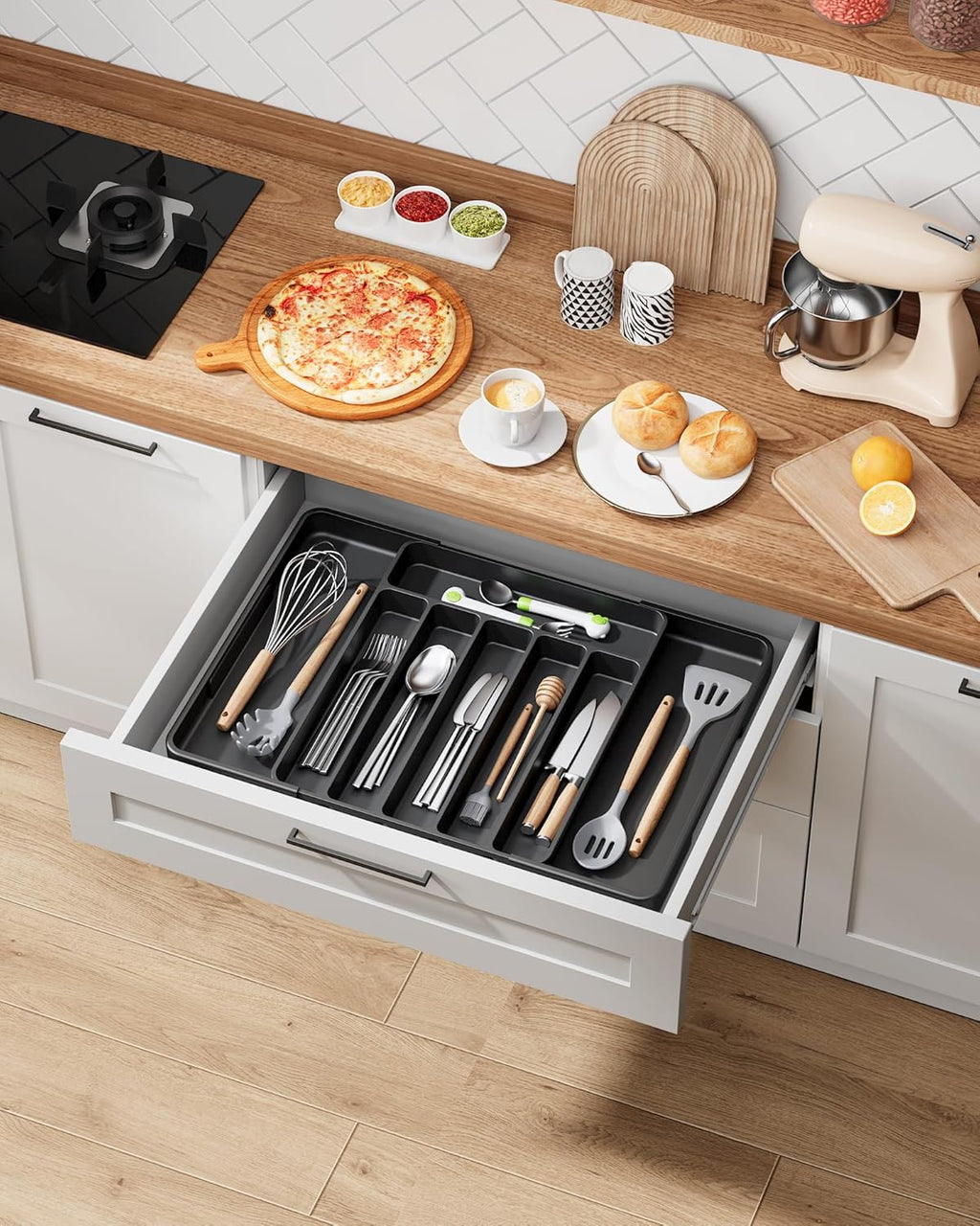 Kitsure Cutlery Drawer Organiser for Kitchen - Adjustable Cutlery Tray for Effortless Utensil