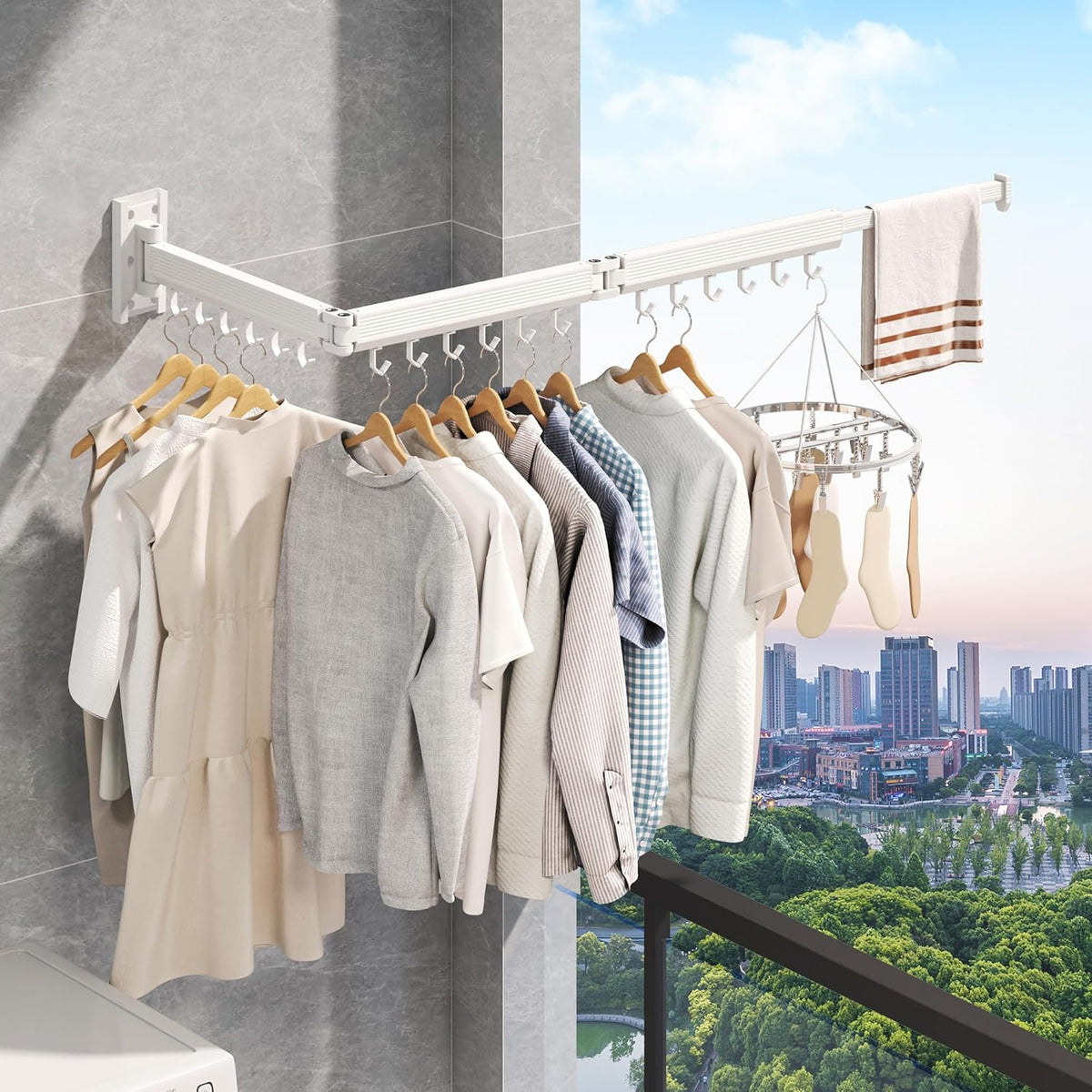 J-type Hooks Wall Mounted Clothes Rack, Collapsible, White Color