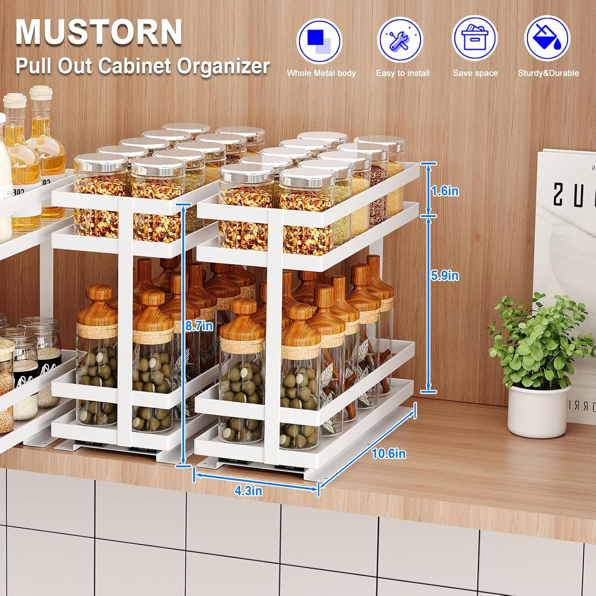 2 Pack Pull Out Spice Rack Organizer for Cabinet, 2 Tier Metal Slide Out Seasoning Organizer and