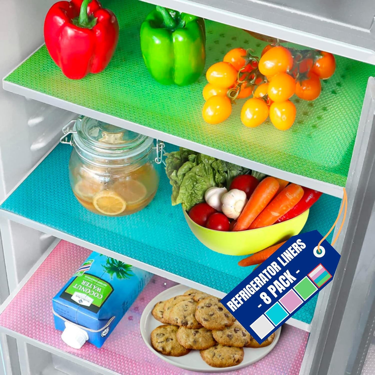 Refrigerator Liners for Shelves (8 Pack) by Linda’s Essentials - Non-Adhesive Shelf or Drawer