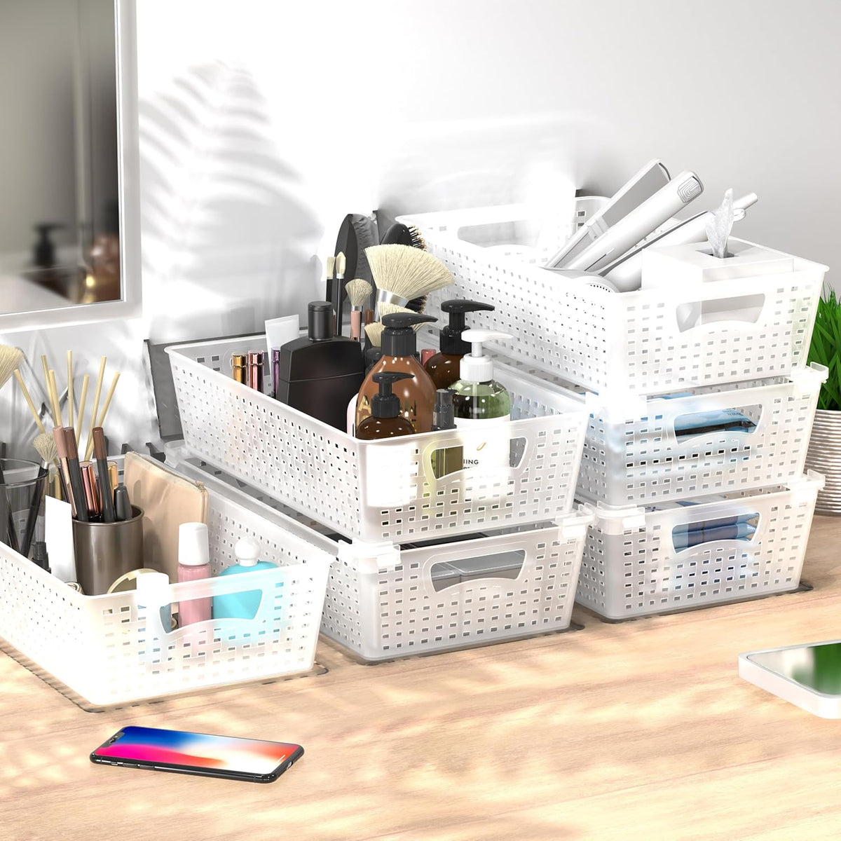 Simple Houseware Stackable Plastic Woven Basket Organizer, 6 Pack, 14.5" x 8.5" x 3.5", Clear