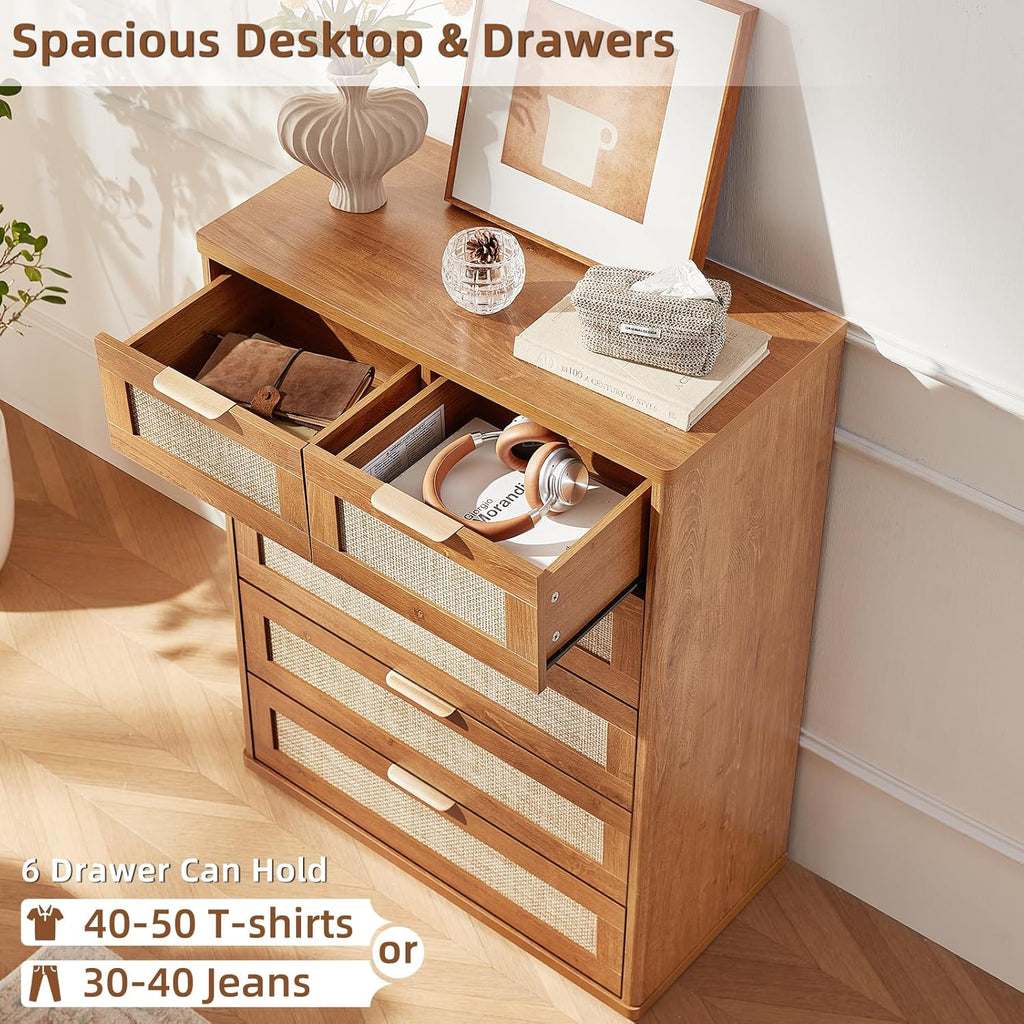LEYAOYAO Rattan Dresser for Bedroom, 42" Tall Chest of Drawers, Modern 6 Drawers Boho Dressers with
