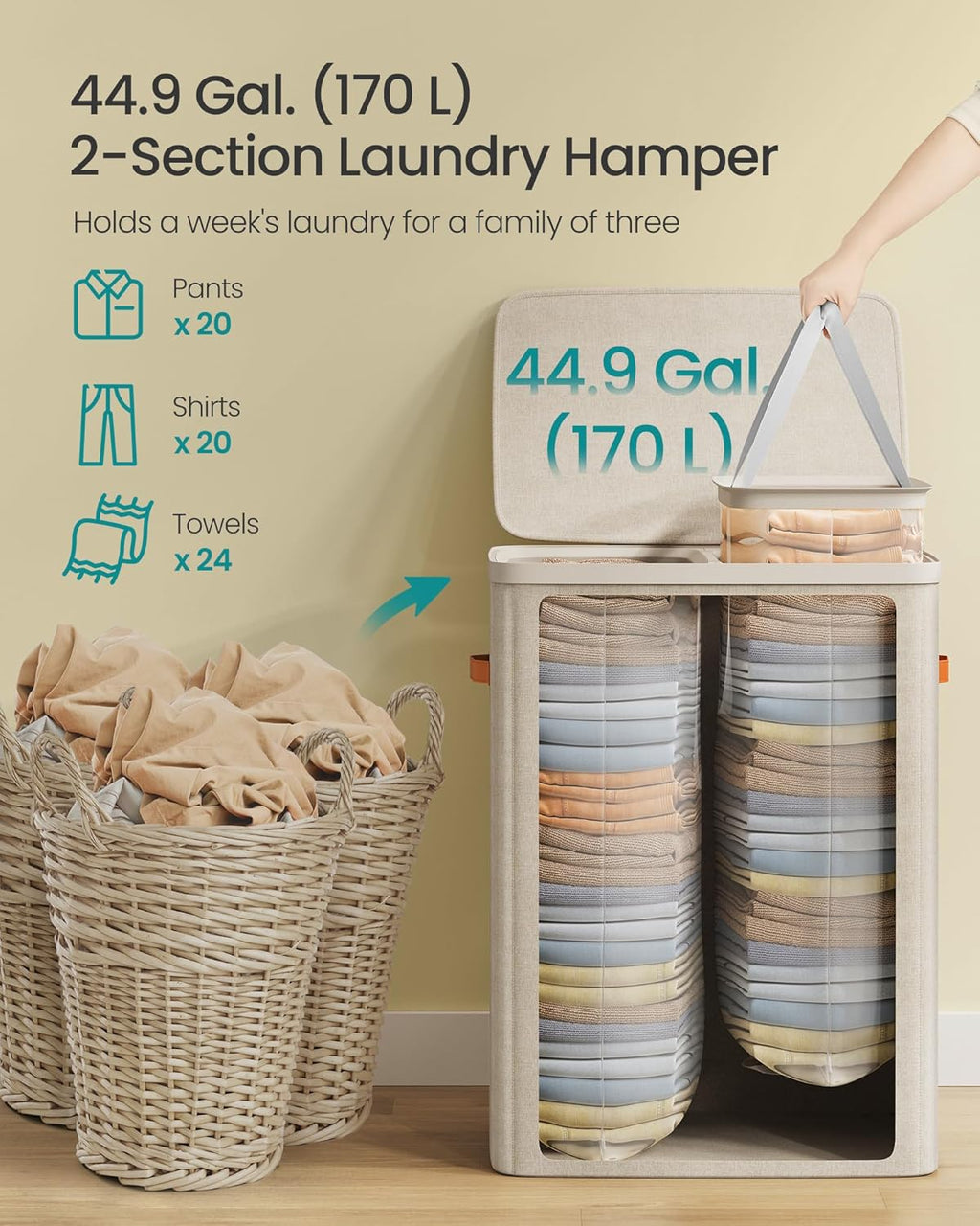 SONGMICS Laundry Basket, 44.9 Gal. Laundry Hamper, 2 Compartments, Easy Assembly, with Lid and