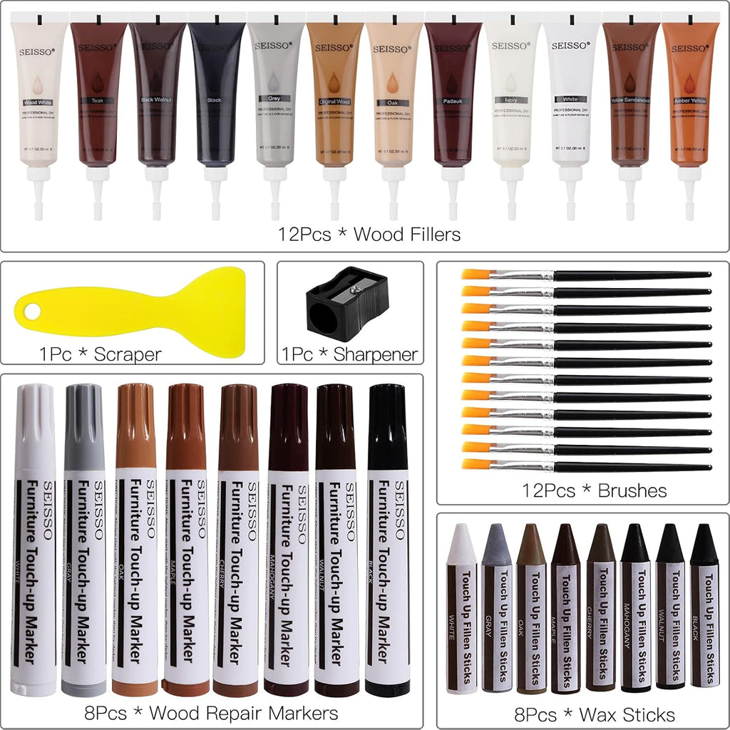 SEISSO Wood Furniture Repair Kit, 42 Pcs Wood Filler and Touch Up Markers with Wax Sticks, Vinyl