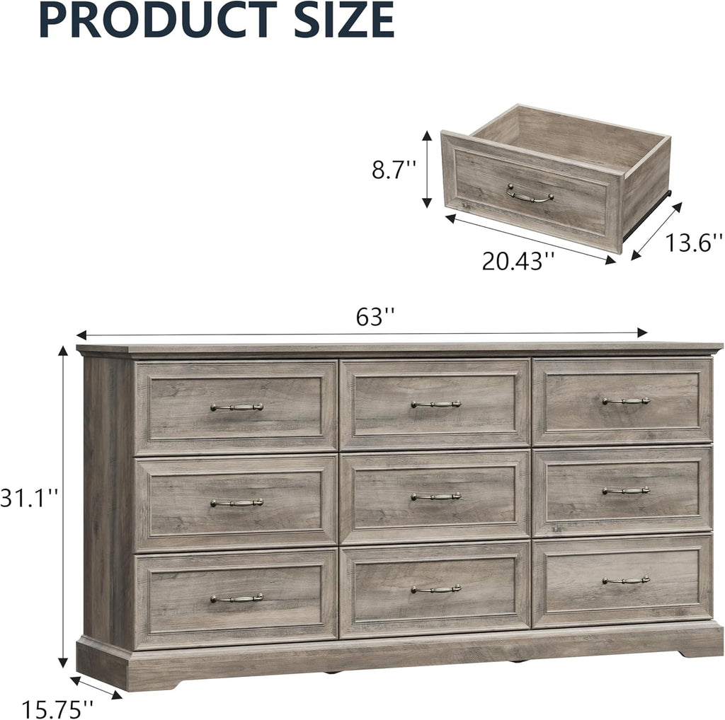 9 Drawer Dresser for Bedroom, 63" Wide Wooden Chest of Drawers, Rustic Farmhouse Dresser with Large
