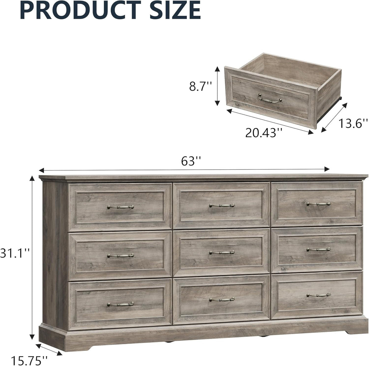 9 Drawer Dresser for Bedroom, 63" Wide Wooden Chest of Drawers, Rustic Farmhouse Dresser with Large