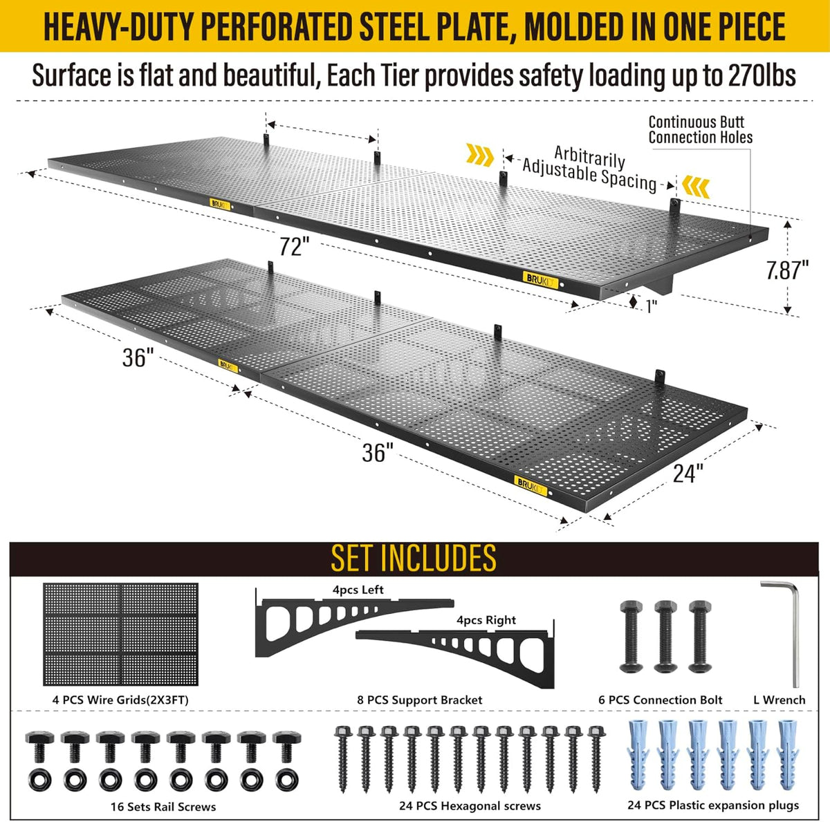 4Pack 2x3ft Adjustable Metal Garage Wall Shelving Heavy Duty Garage Storage Shelf Wall Mounted Black