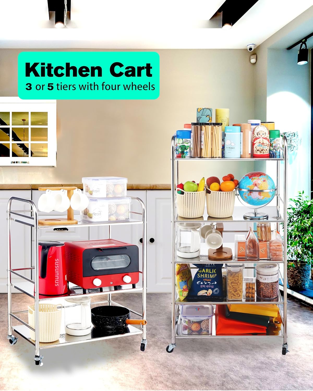 susunnus Stainless Steel Cart with Wheels 3 Tier,Stainless Steel Kitchen Cart,Utility Cart,Metal