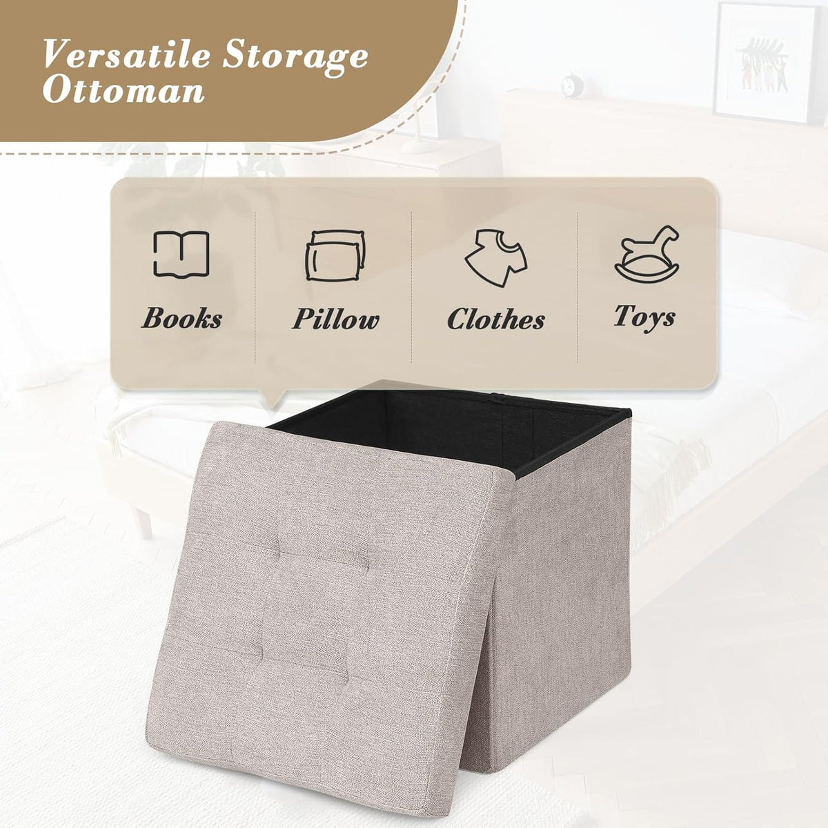 Athena Collection 15" Storage Ottoman Bench Folding Bench with 40L Hidden Storage, Small Cube