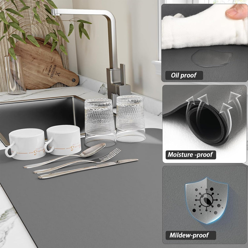 Dish Drying Mat for Kitchen Counter, Heat Resistant Drainer Mats with Non-slip Rubber Backed, Hide