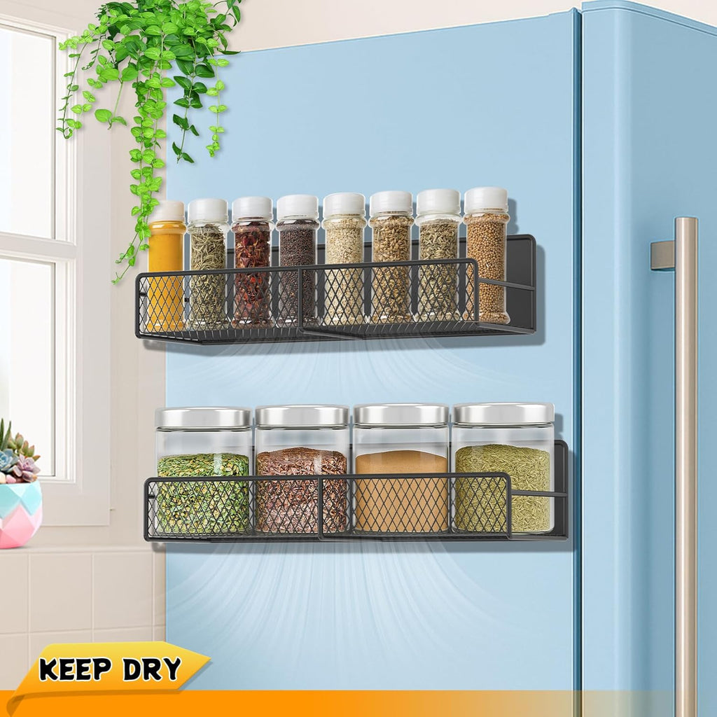2 Pack Magnetic Spice Rack for Refrigerator, Black Magnetic Shelf with 4 Removable Hooks, Rustproof