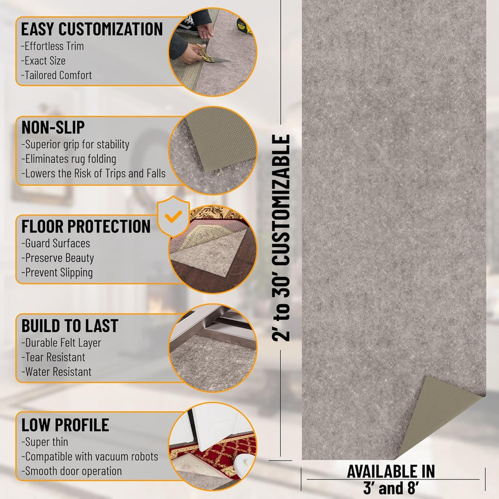 Ottomanson 3' x 4' Non-Slip Rug Pad Gripper 1/4 Inch Thick Dual Surface Felt + Rubber Gripper
