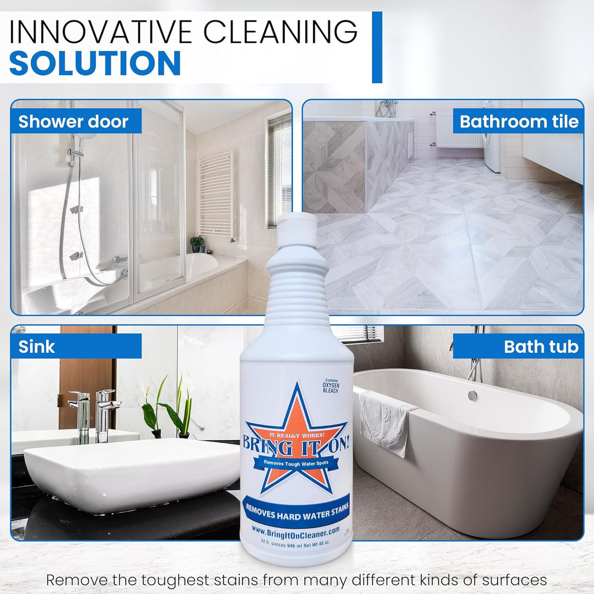 Bring It On Cleaner Hard Water Stain Remover for Glass, Soap Scum remover for Shower glass