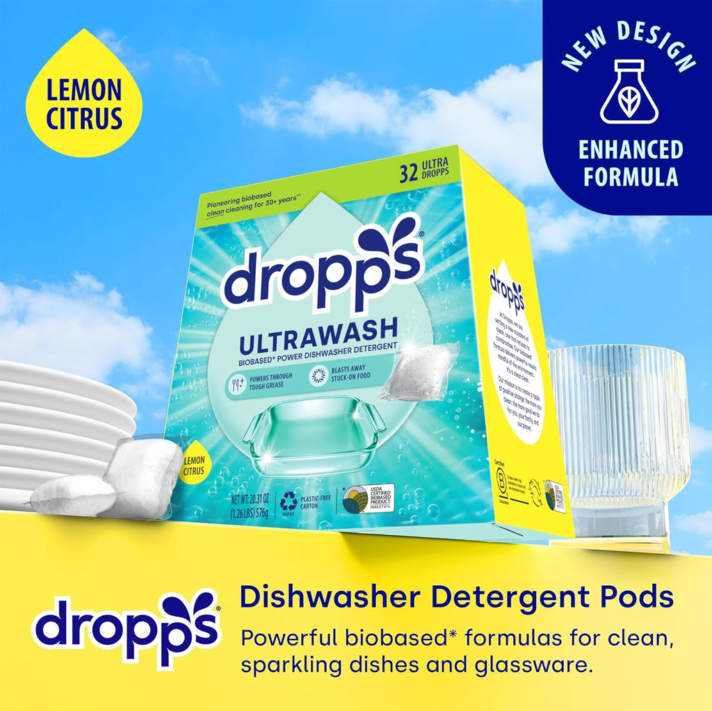 Dropps UltraWash Dishwasher Pods, Lemon Citrus (32 Count) - Biobased Power Deep Clean Dishwasher