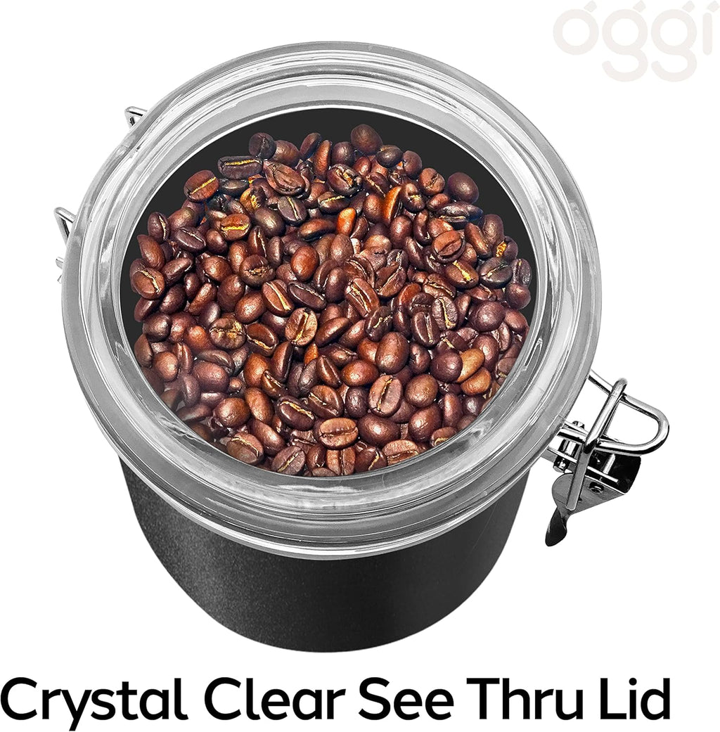 Oggi Stainless Steel Kitchen Canister 62 fl oz, Black - Airtight Clamp Lid, Clear See-Thru Top