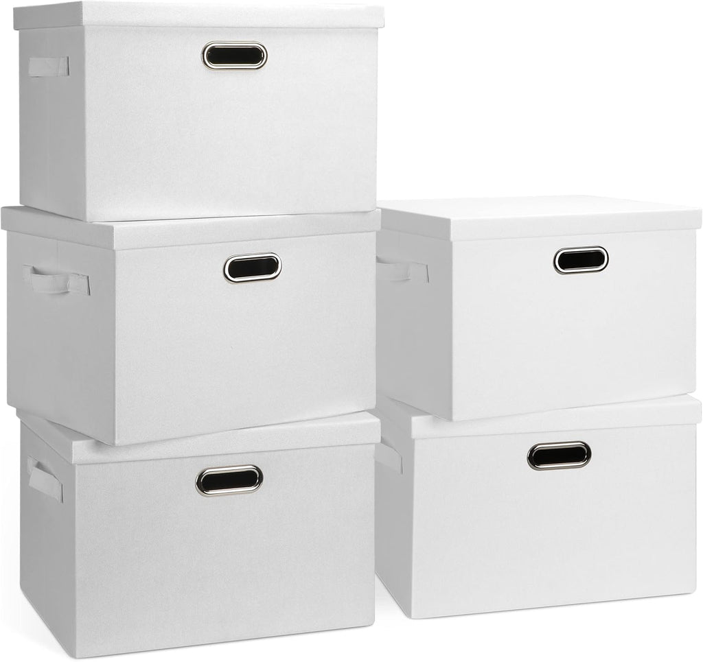 Large 17" 36 Quart Collapsible Stackable Storage Bins with Lids, 5 Packs White Linen Fabric Closet