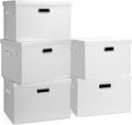 Large 17" 36 Quart Collapsible Stackable Storage Bins with Lids, 5 Packs White Linen Fabric Closet