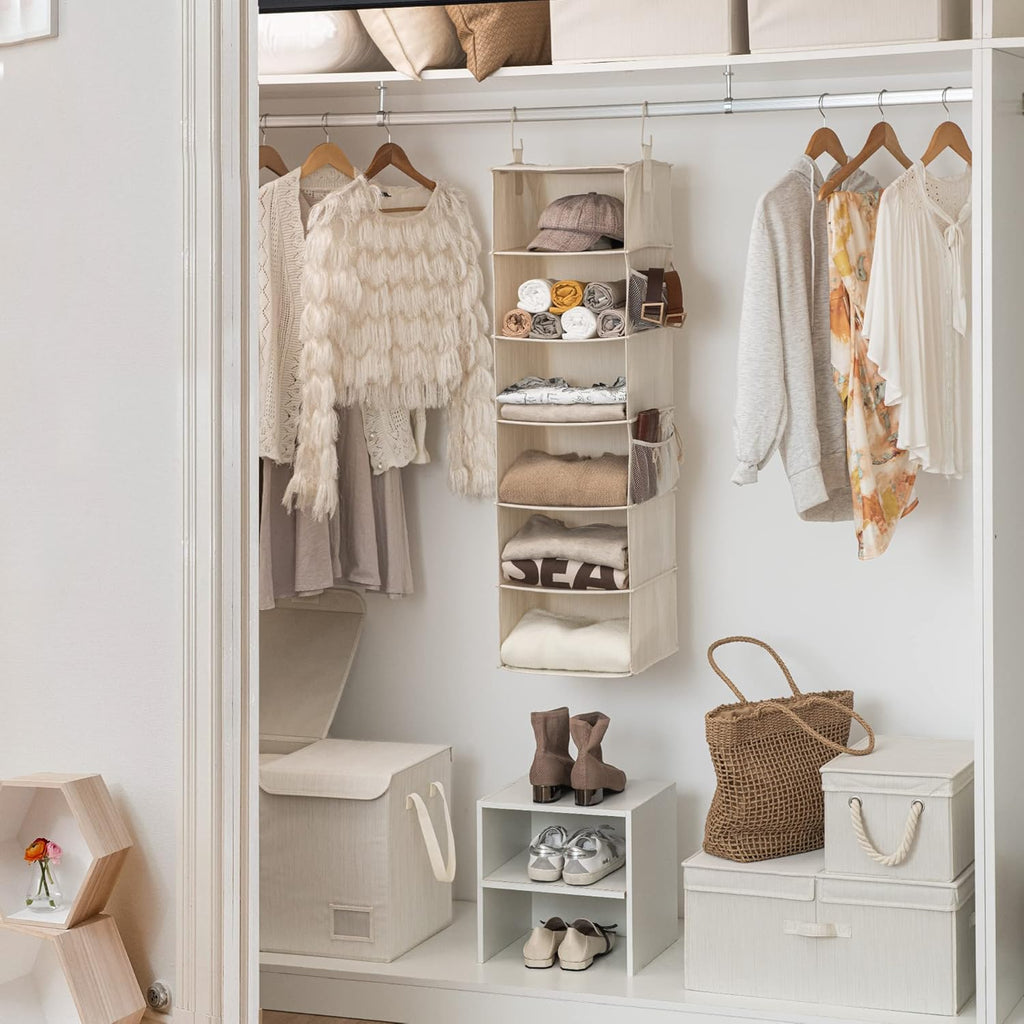StorageWorks 6-Shelf Hanging Closet Organizer, Hanging Shelves for Closet, Fabric, Mixing of Beige